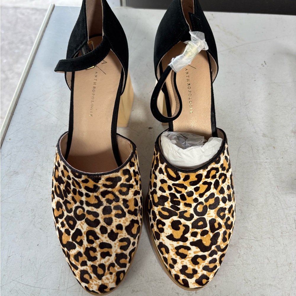 Anthropologie Leopard Print Block Heel Mules with Black Suede Strap